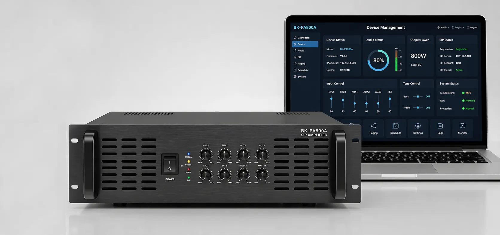 SIP-Verstärker BK-PA800A mit WEB-Oberfläche zur Netzwerkaudio-Überwachung und Konfiguration