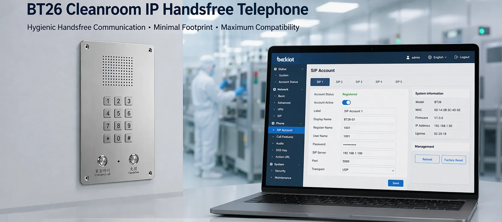 IP-Freisprechtelefon BT26 für Reinräume mit webbasierter SIP-Konfiguration und Fernverwaltungsoberfläche