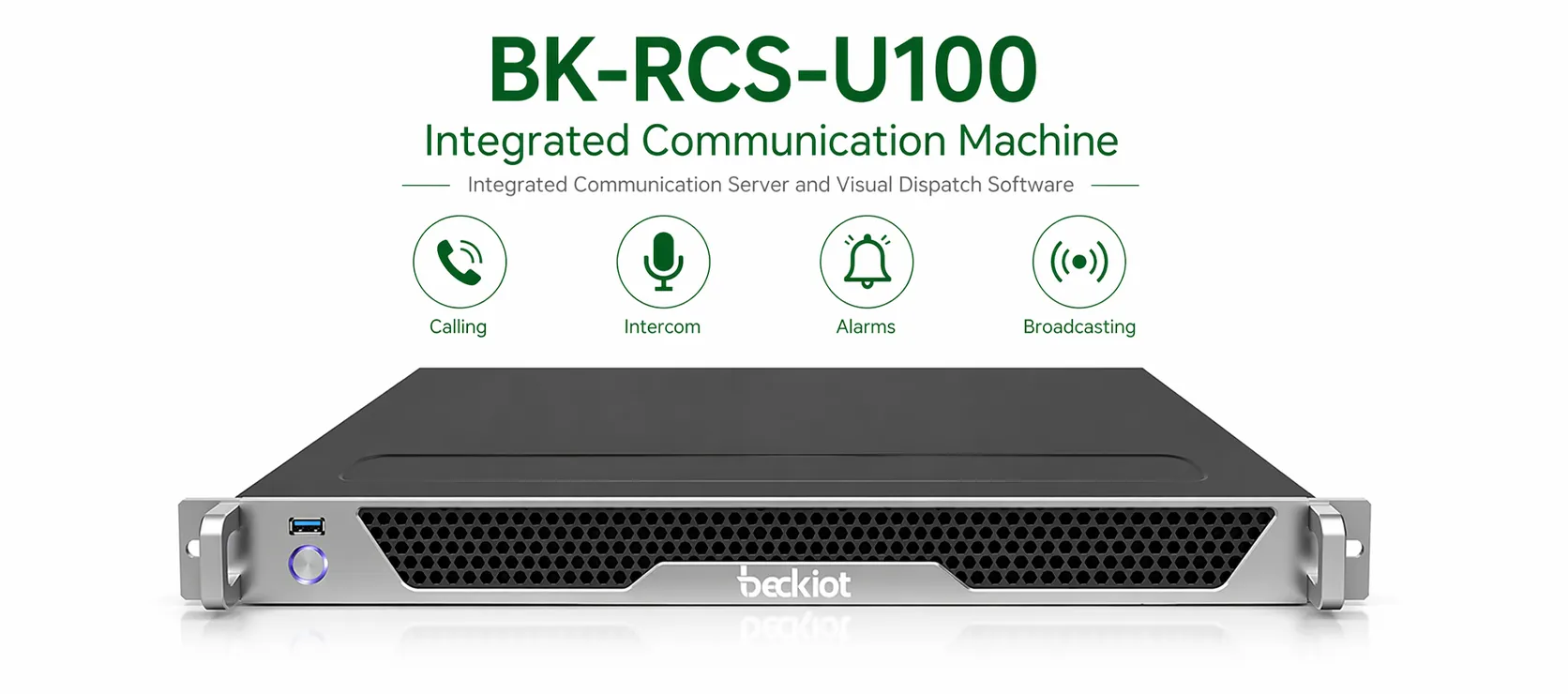 Frontansicht der integrierten Kommunikationseinheit BK-RCS-U100 mit integriertem Kommunikationsserver und visueller Leitstellensoftware