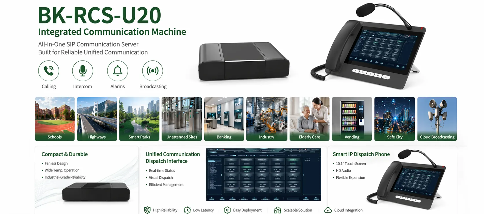 BK-RCS-U20 Integrated Communication Machine im Einsatz in Schulen, auf Autobahnen, in Smart Parks, an unbemannten Standorten, in Banken, Unternehmen, Pflegeeinrichtungen, Verkaufsautomaten, Safe-City-Projekten und Cloud-Broadcasting-Systemen