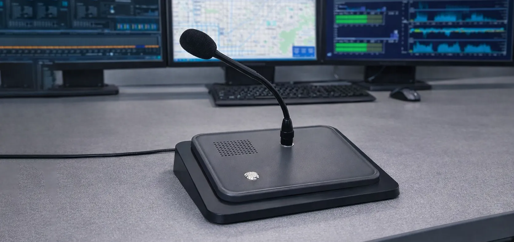 GP100 SIP-Mikrofon ohne Tastatur an einer aufgeräumten Schreibtisch-Durchsagestation