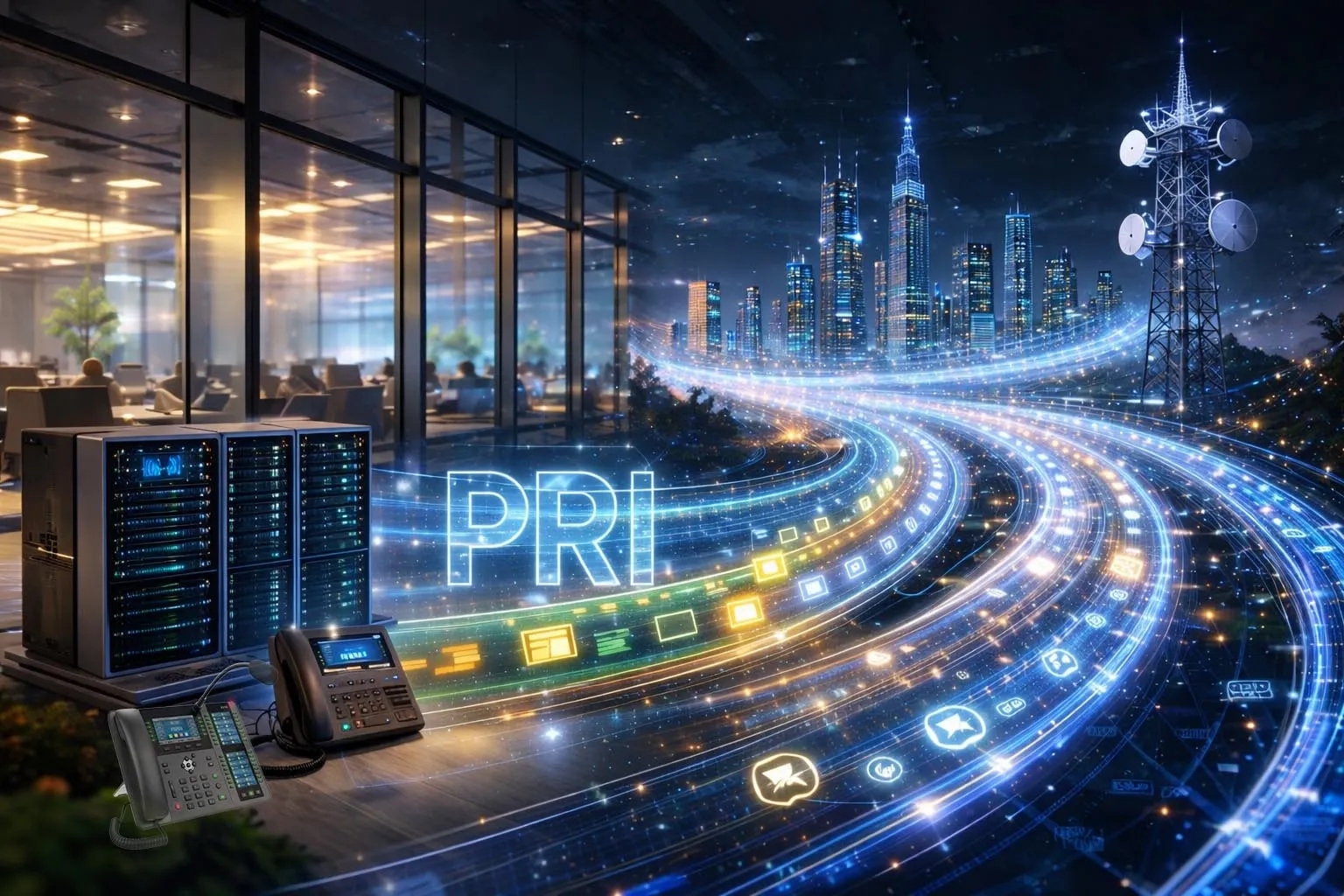 Primary Rate Interface verbindet eine Unternehmens-PBX über einen digitalen Trunk mit mehreren Sprachkanälen und einem dedizierten Signalisierungskanal mit dem Netzbetreiber