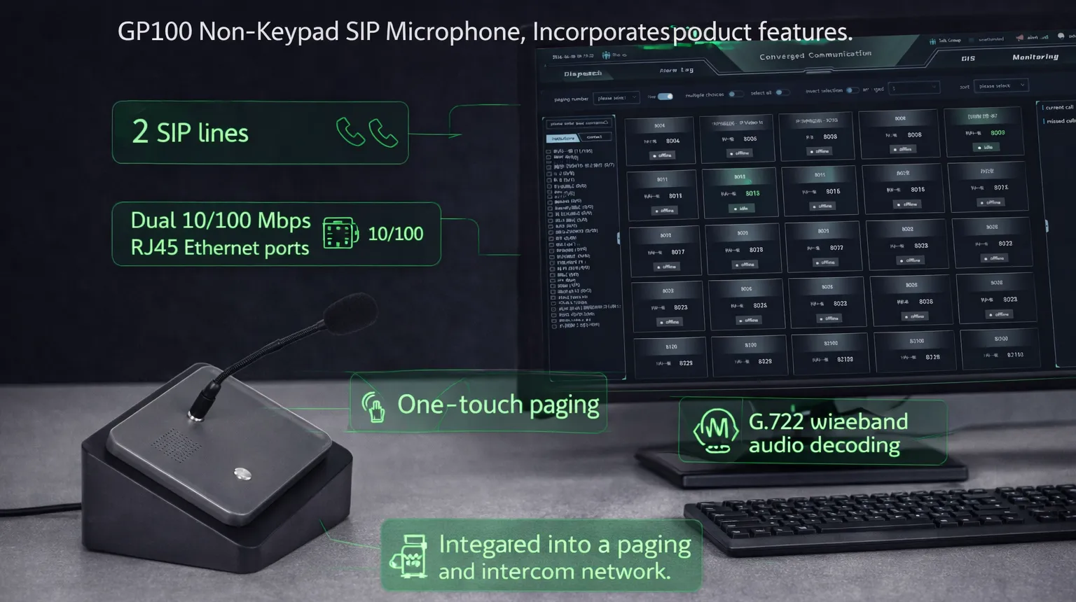 GP100 SIP-Mikrofon ohne Tastatur integriert in ein Durchsage- und Gegensprechnetzwerk