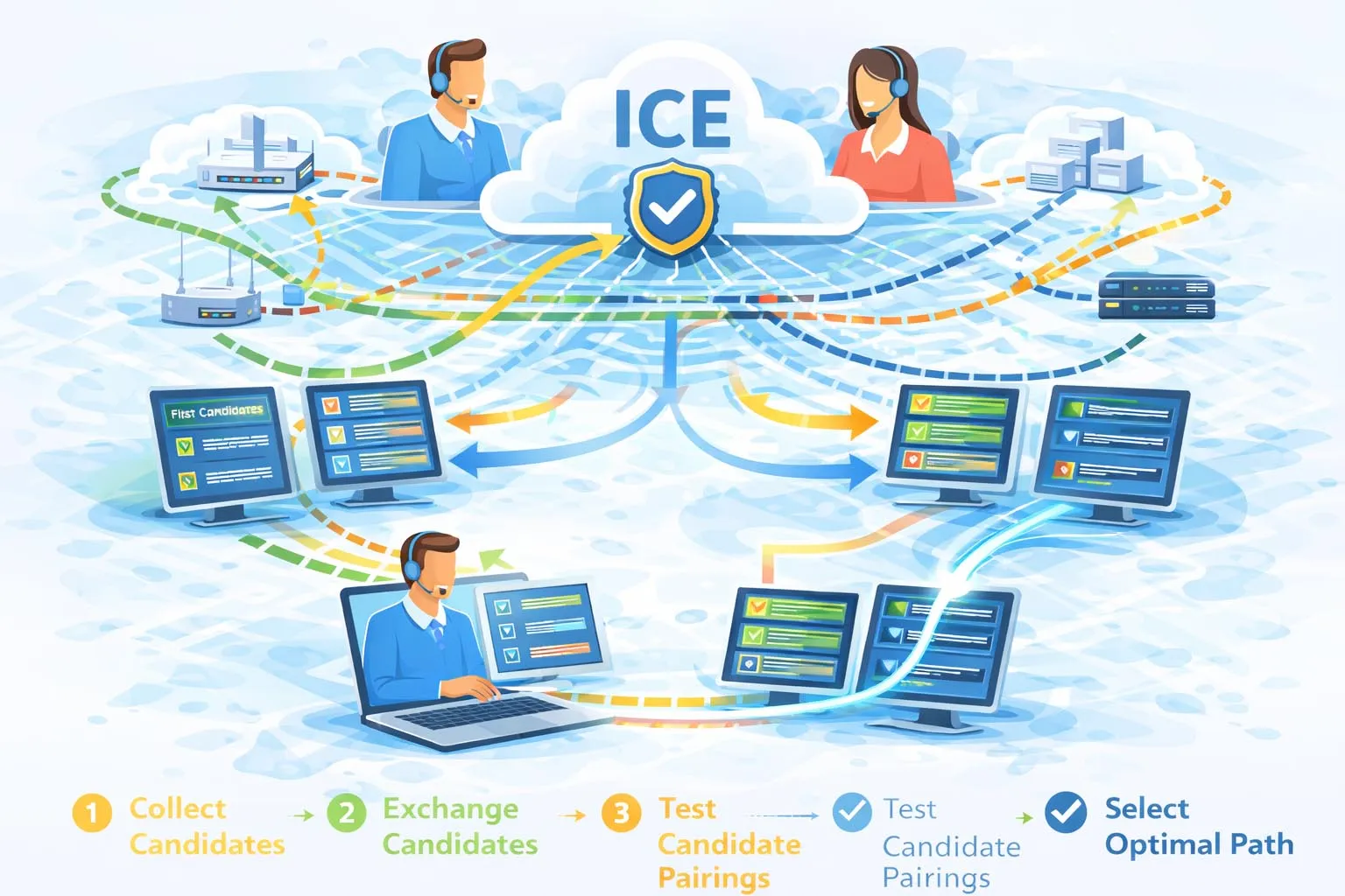 ICE Candidate Gathering, Austausch, Konnektivitätsprüfungen und Nominierung über Host-, serverreflexive und Relay-Kandidaten