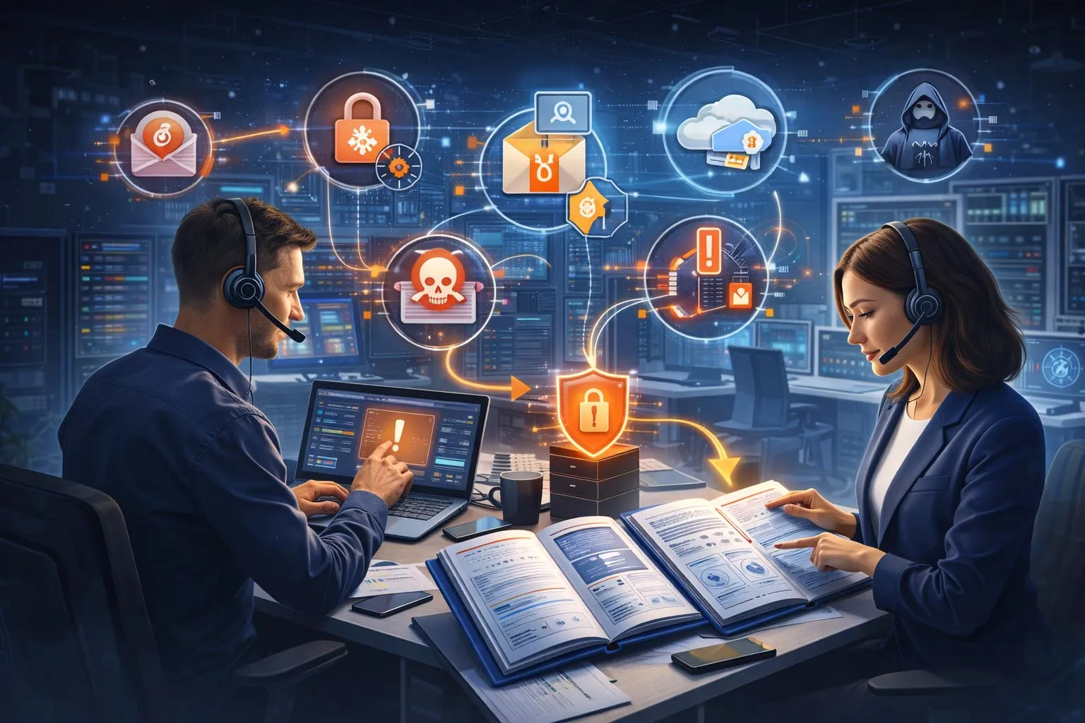 Unternehmensarchitektur für die Sicherheitsvorfallreaktion mit Vernetzung von Endgeräten, Firewalls, Identitätssystemen, Cloud-Workloads, Sicherheitsüberwachung und koordinierten Wiederherstellungskontrollen