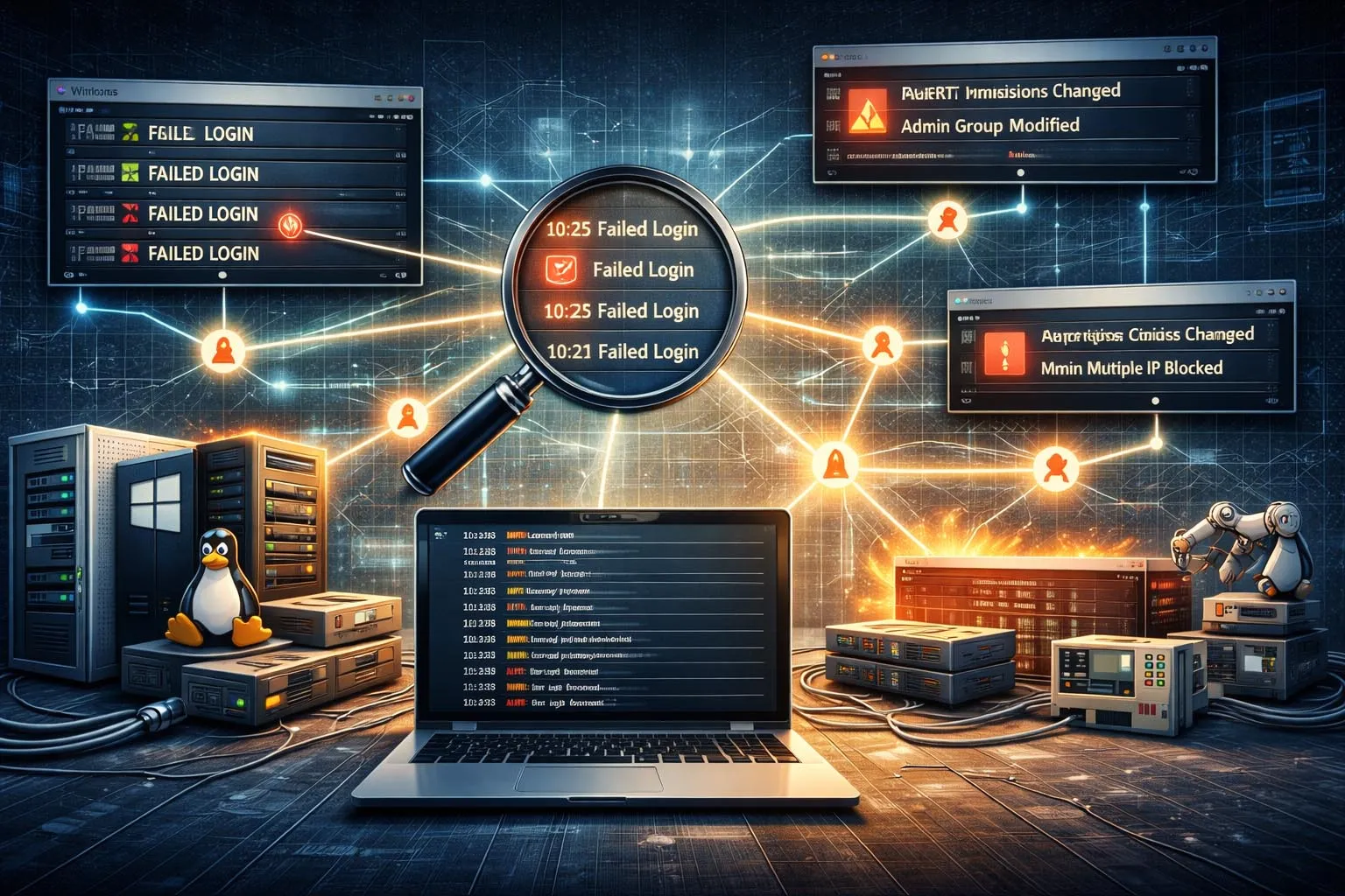 Sicherheits- und Betriebsteams prüfen korrelierte Ereignisprotokolle von Servern Endpunkten Firewalls und Anwendungen zur Identifikation von Fehlern Anomalien und verdächtigem Verhalten