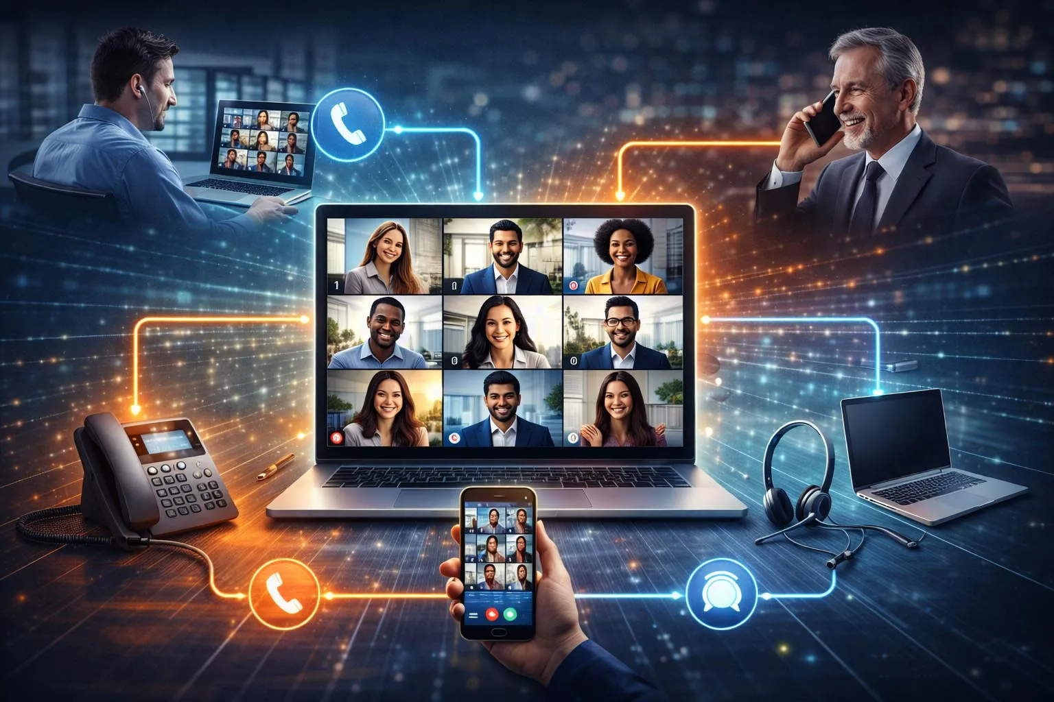 Ablauf einer Telefonkonferenz mit Teilhabe über Tischtelefone, Softclients und Einwahlnummern