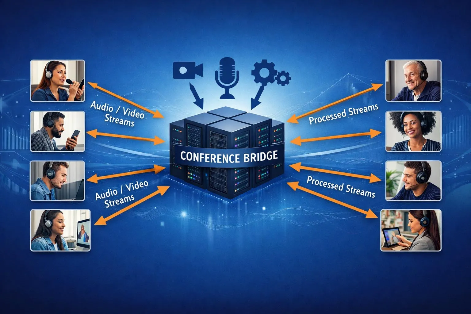 Konferenzbrücke verbindet mehrere Tischtelefone, Software-Clients und externe Anrufer zu einer gemeinsamen Konferenzsitzung über Unternehmenskommunikationsnetze