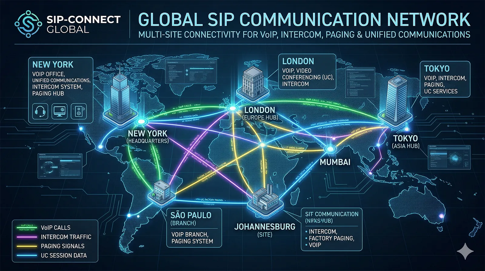 Globales SIP-Kommunikationsnetz mit standortübergreifender Verbindung für VoIP, Sprechanlagen, Durchsagen und Unified Communications
