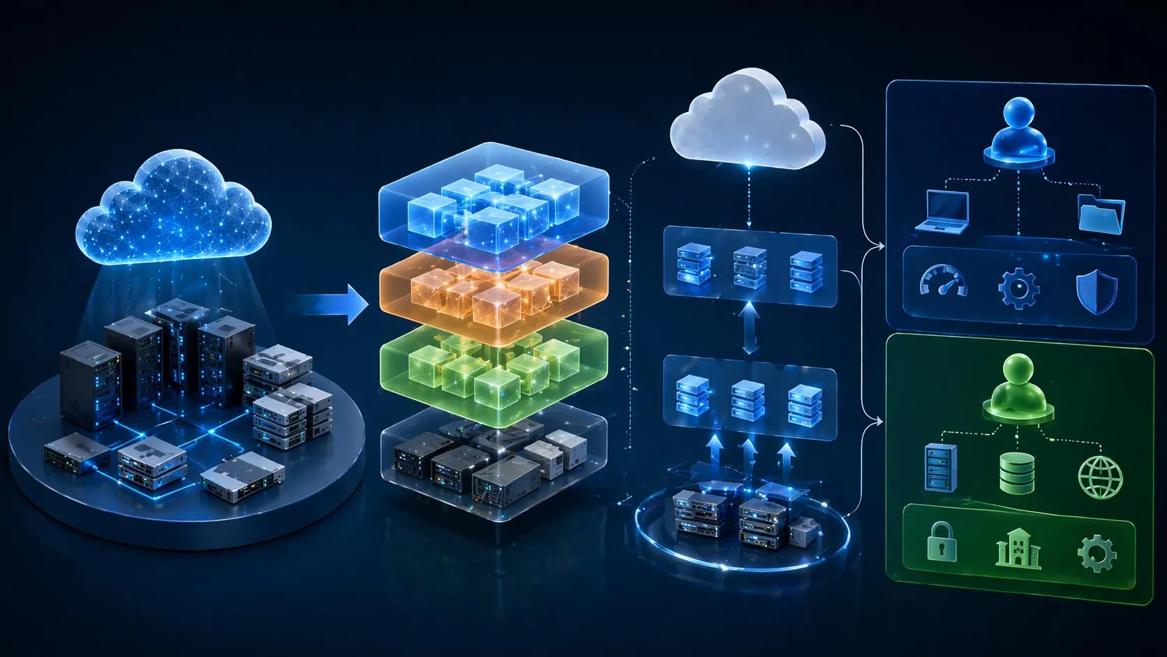 Cloud services architecture showing users applications workloads data and security controls running on scalable provider-managed infrastructure