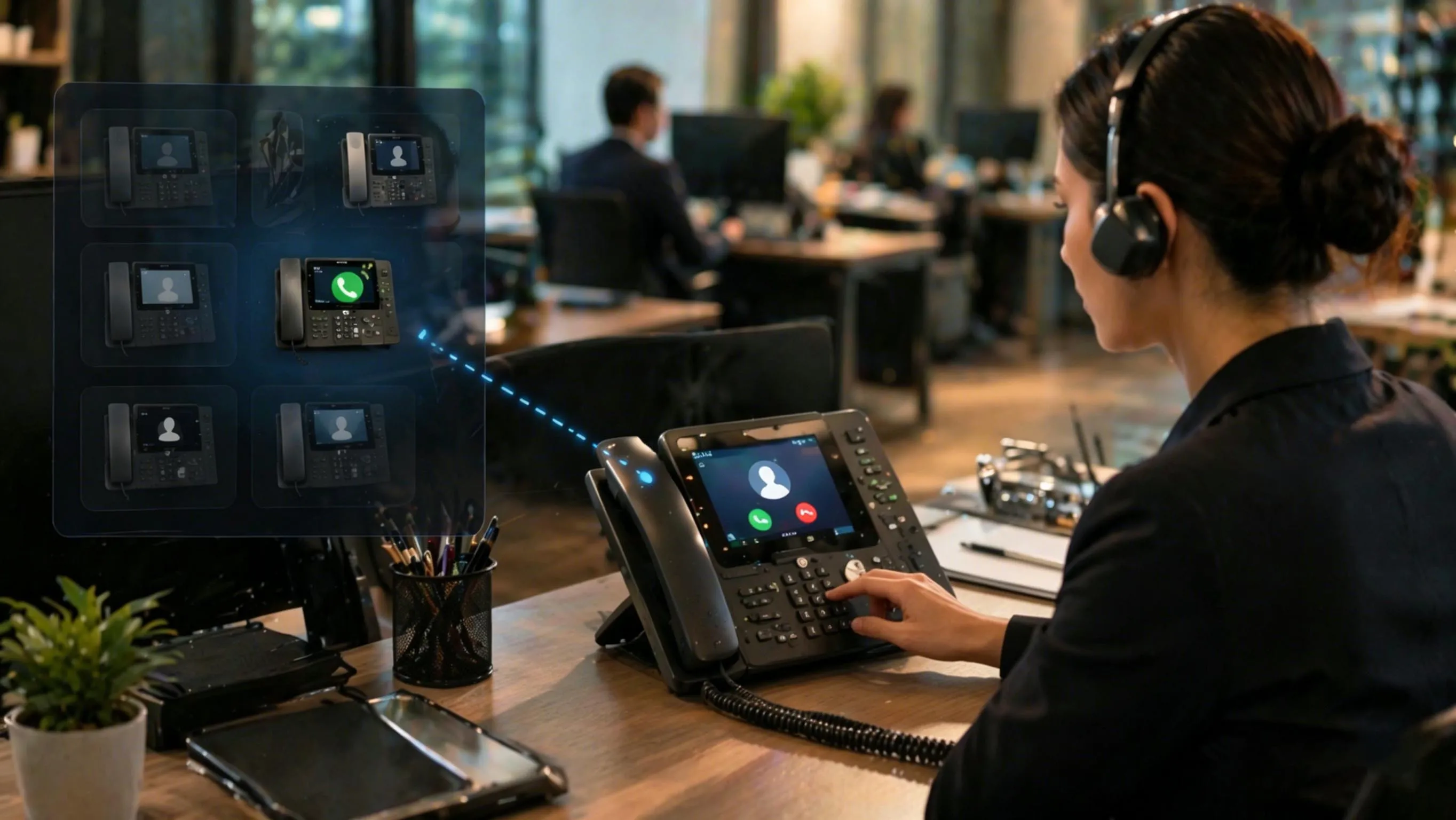 Ablauf der Anrufübernahme: klingende Nebenstelle, Aktivierung der Übernahme durch einen berechtigten Nutzer und PBX-Umleitung des Anrufs auf das antwortende Telefon