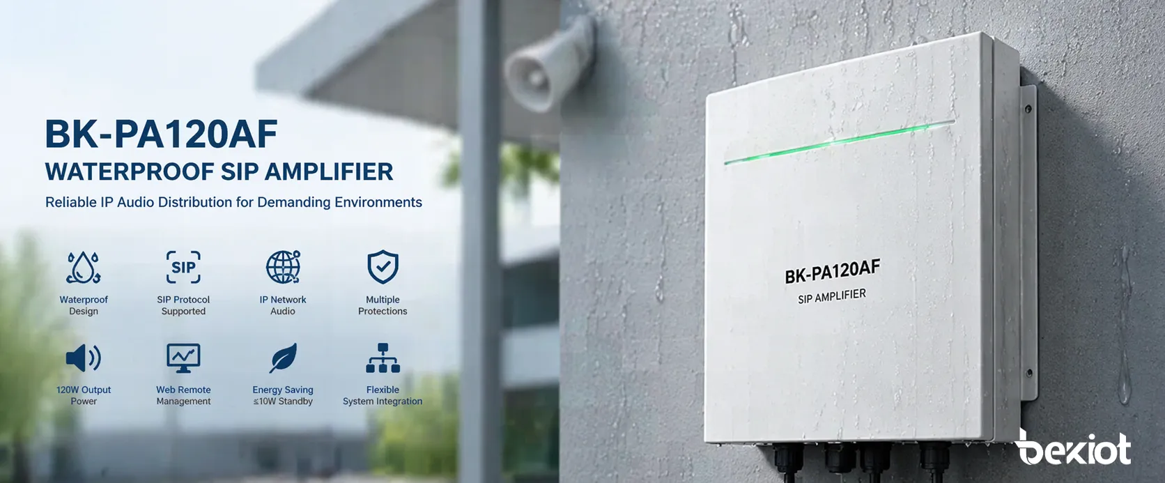 BK-PA120AF wasserdichter SIP-Verstärker Frontansicht in einer Netzwerkaudio-Bereitstellung