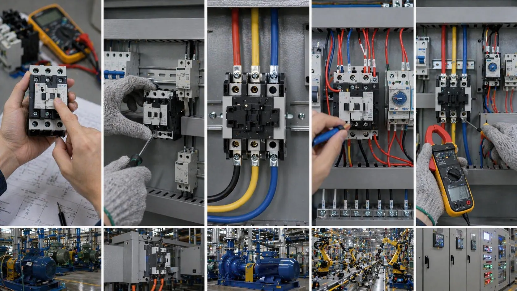 Installationsschritte für ein AC-Schütz mit Gerätemontage Hauptleistungsverdrahtung Steuerkreisverdrahtung Prüfung und Inbetriebnahme in einem Motorstarterfeld