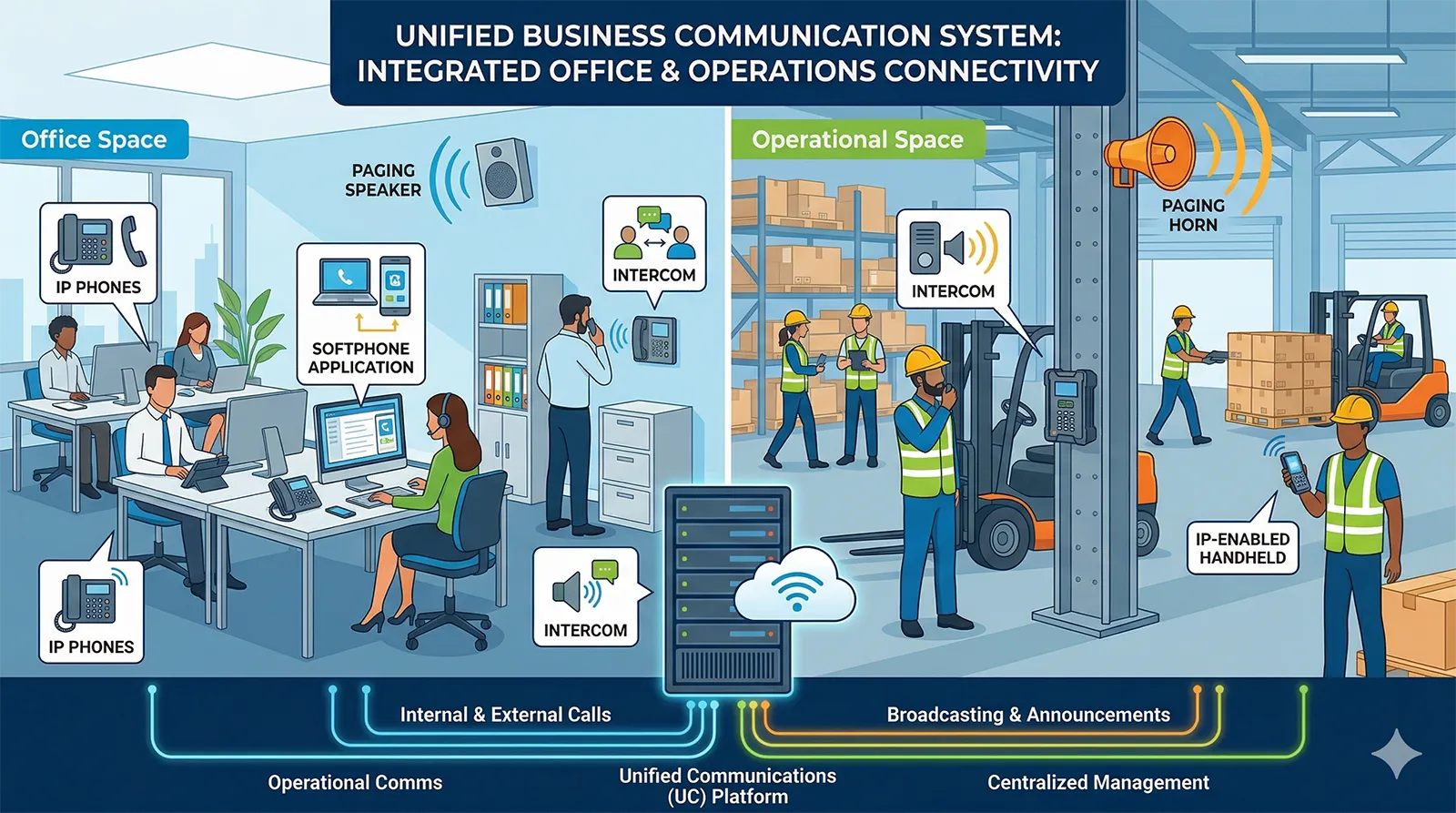 Geschäftskommunikationssystem mit Kombination von IP-Telefonen, Softphones, Durchsage- und Sprechstellensystemen in Büro- und Betriebsbereichen