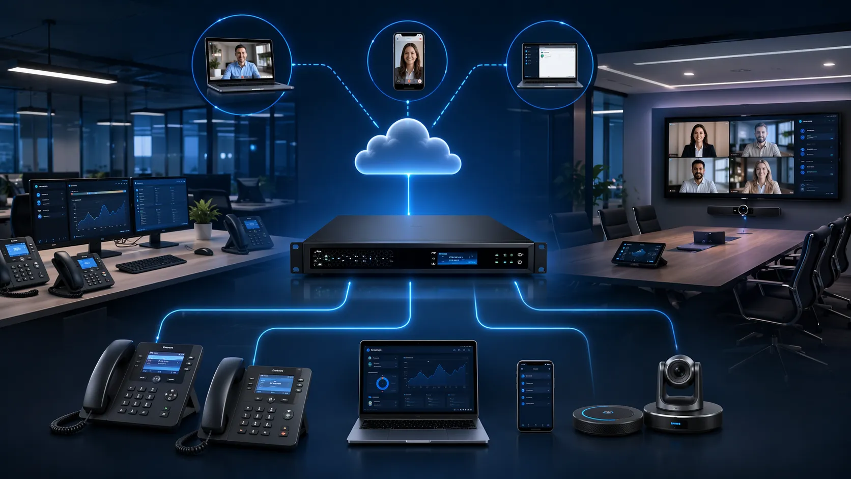 Integrierte Grandstream IP-PBX unterstützt Bürotelefone, Video-Endpunkte und Remote-Benutzer in einem Unternehmensnetzwerk