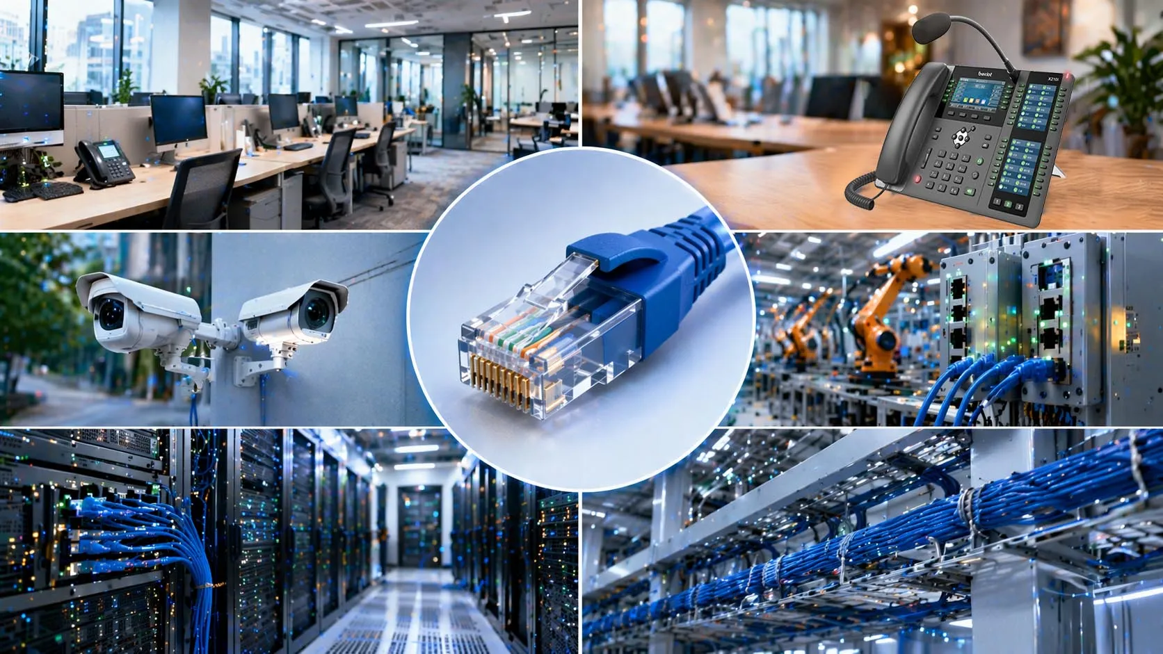 Ethernet-Kabel mit RJ45-Stecker an Büronetzwerkgeräten
