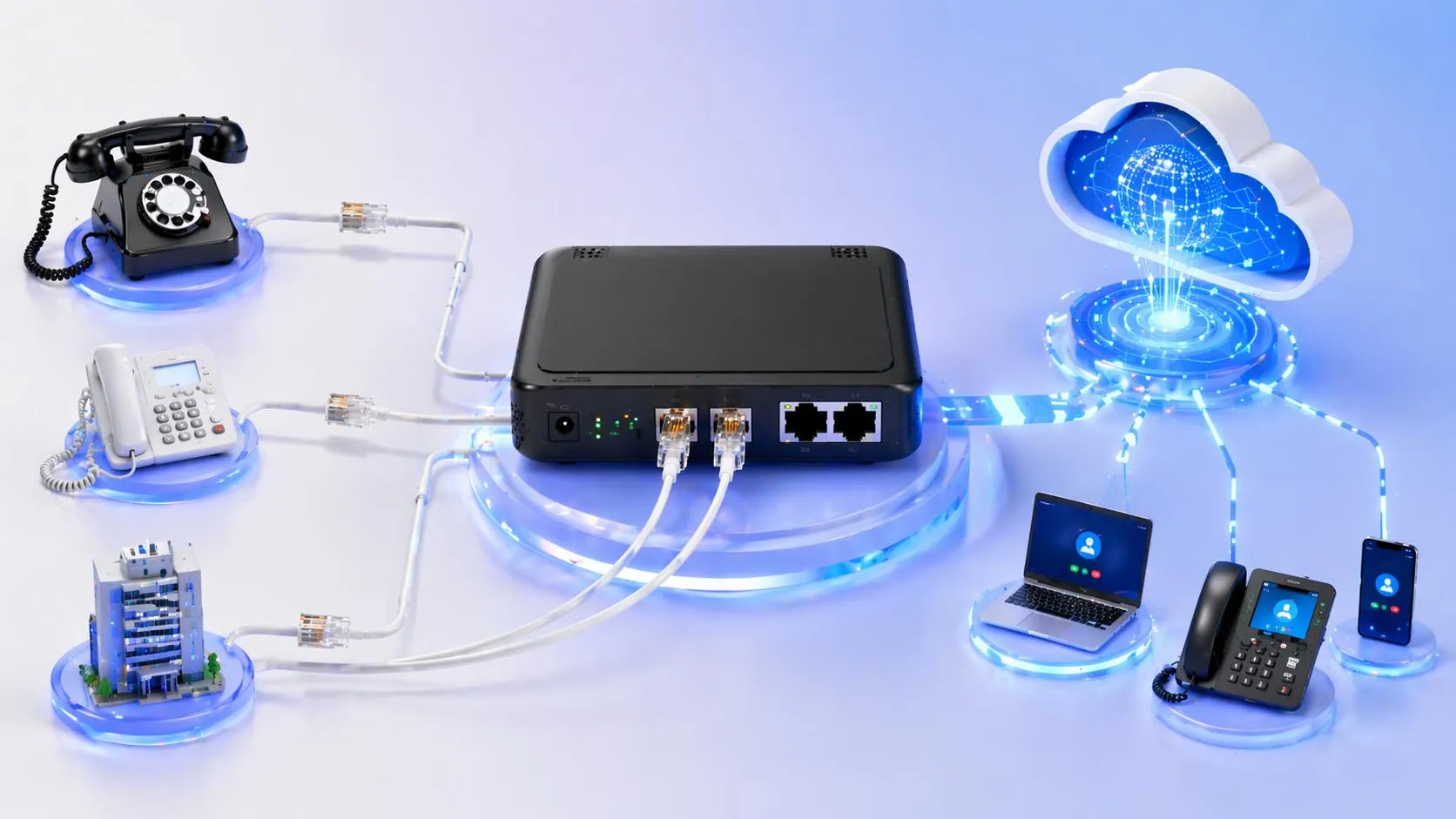 Telefonhörer, der über ein RJ11-Kabel in einer Bürokommunikationsumgebung verbunden ist