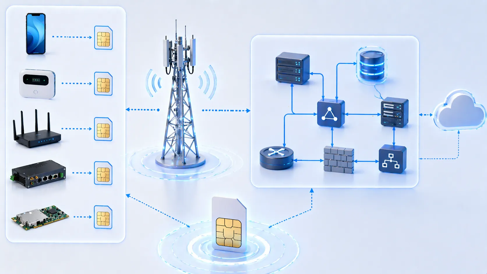 Position der SIM-Karte in der Mobilfunkarchitektur: Gerät, Funkzugang und zentrale Authentifizierungssysteme