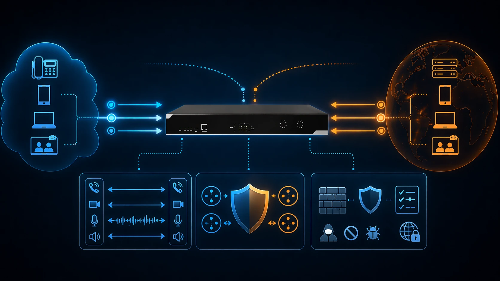 Session Border Controller verarbeitet SIP-Signalisierung und Medien zwischen zwei IP-Netzen und wendet Sicherheits-, Richtlinien- und Interworking-Funktionen an