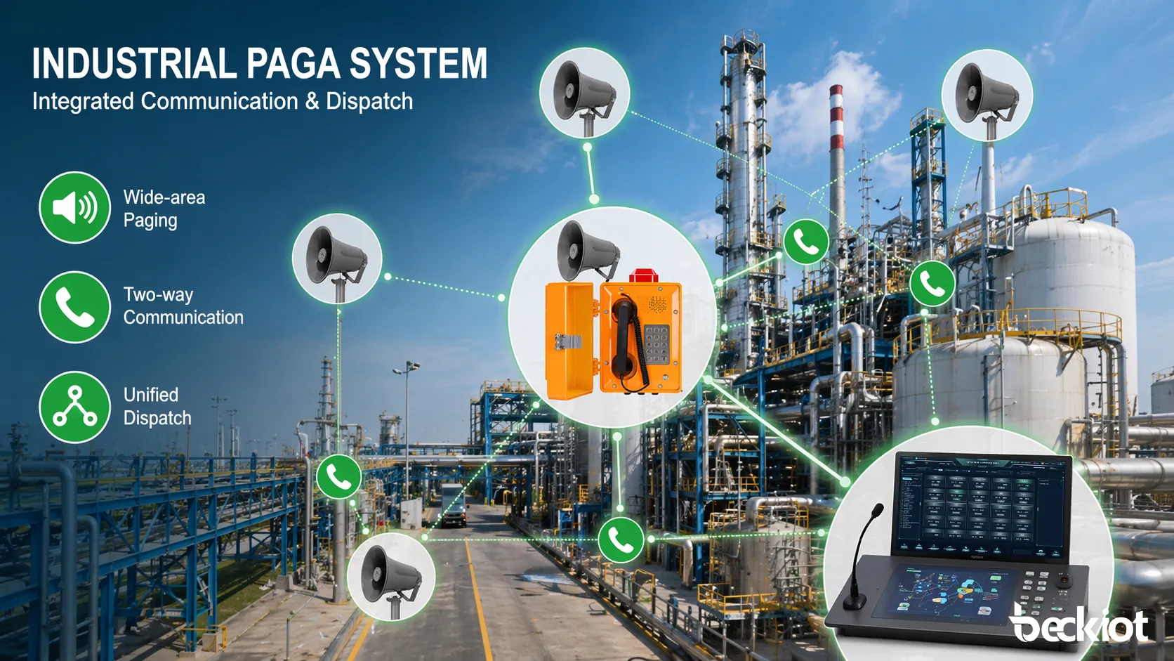 Industrielles PAGA-System in einer Anlage mit Lautsprechern, Telefonie und Dispatch-Integration