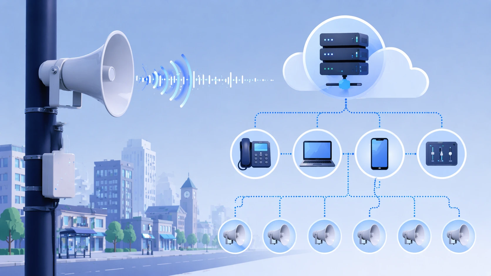 SIP-Lautsprecher verbunden mit IP-Telefonanlage oder SIP-Server für Durchsagen und Audiobenachrichtigungen