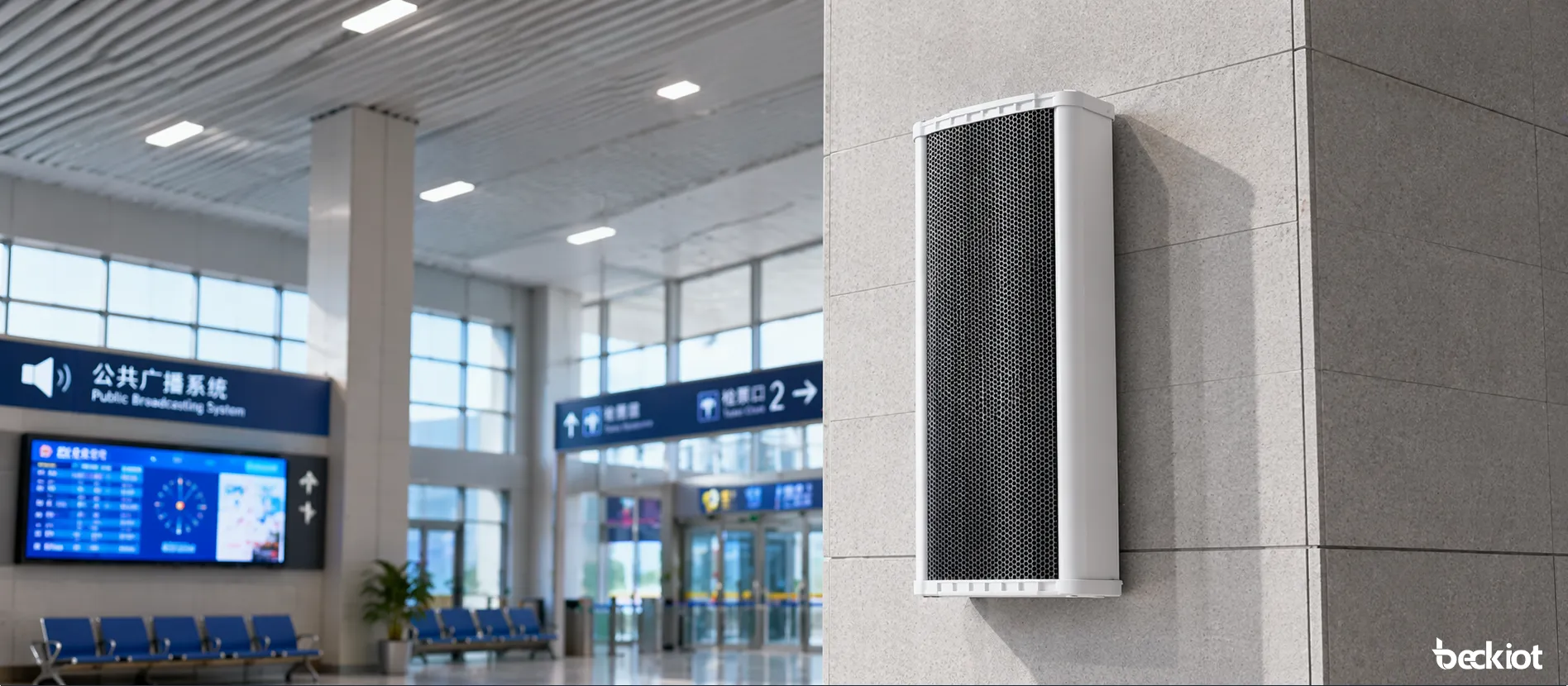 SK03 SIP 30W audio column speaker installed in a modern public address environment