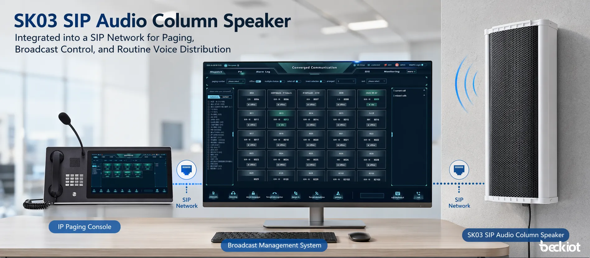 SK03 SIP audio column speaker connected to a network paging and broadcast platform