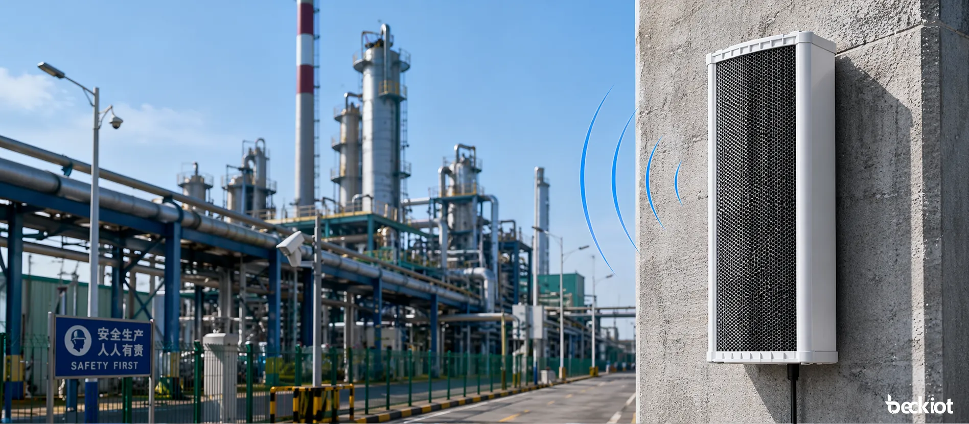 SK09 SIP 90W Audiosäulenlautsprecher installiert in einer industriellen Außen-Beschallungsumgebung