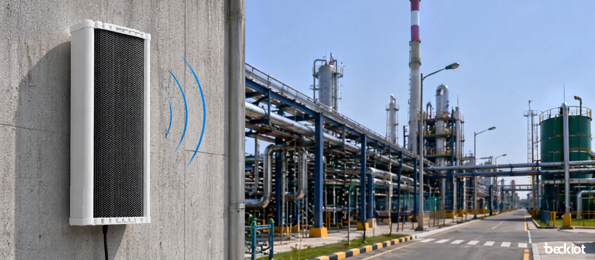 SK12 SIP 120W Audiosäulenlautsprecher, installiert an einer industriellen Außenwand für hochleistungsfähige öffentliche Ansagen