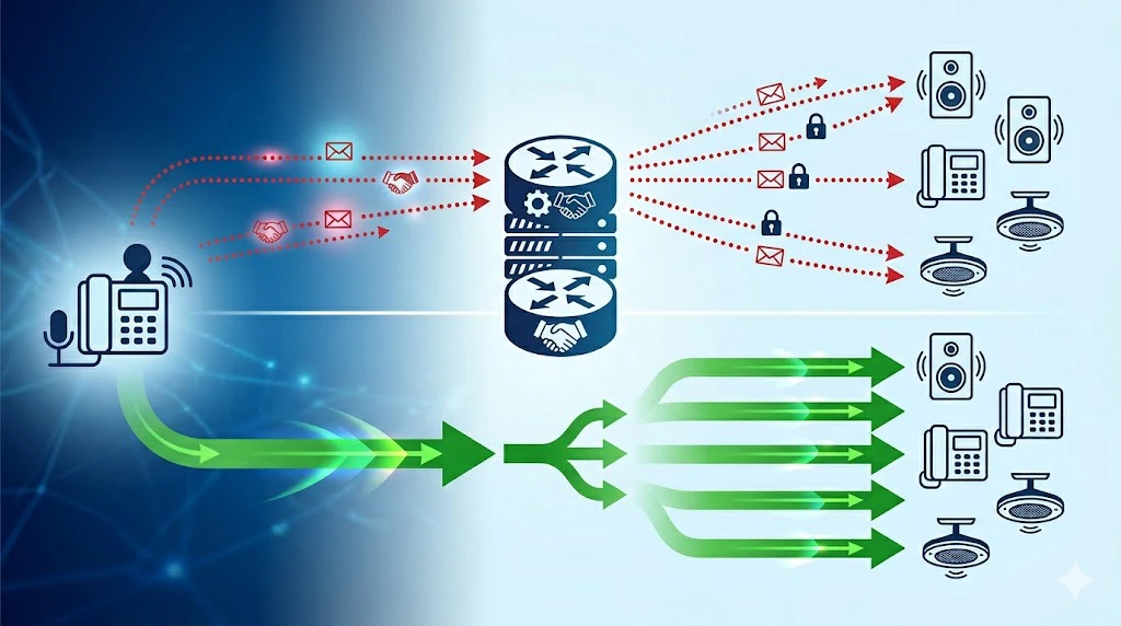 Prinzip des SIP-Multicast-Paging mit Darstellung der SIP-Steuerung und Multicast-Audioverteilung an mehrere Endgeräte