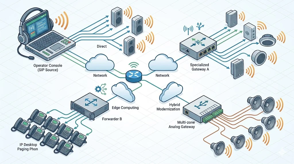 SIP-Multicast-Paging-Implementierung mit Telefonanlage, Weiterleitungsgerät, Multicast-Adressen und Bereichslautsprechern