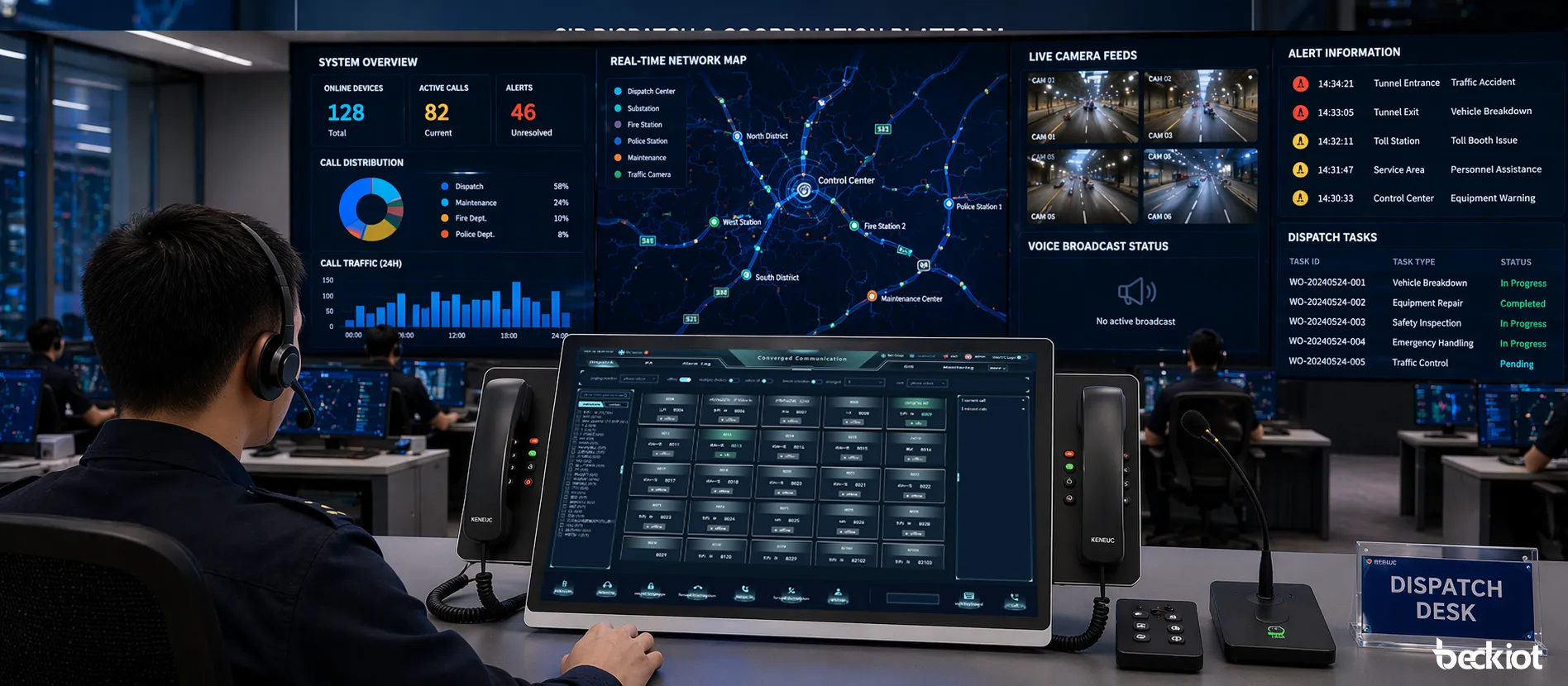 BK-DSC-236 IP-Dispatcher-Konsole eingesetzt in einem Steuerraum für Kommunikation, Benachrichtigung und Dispatcher-Operationen