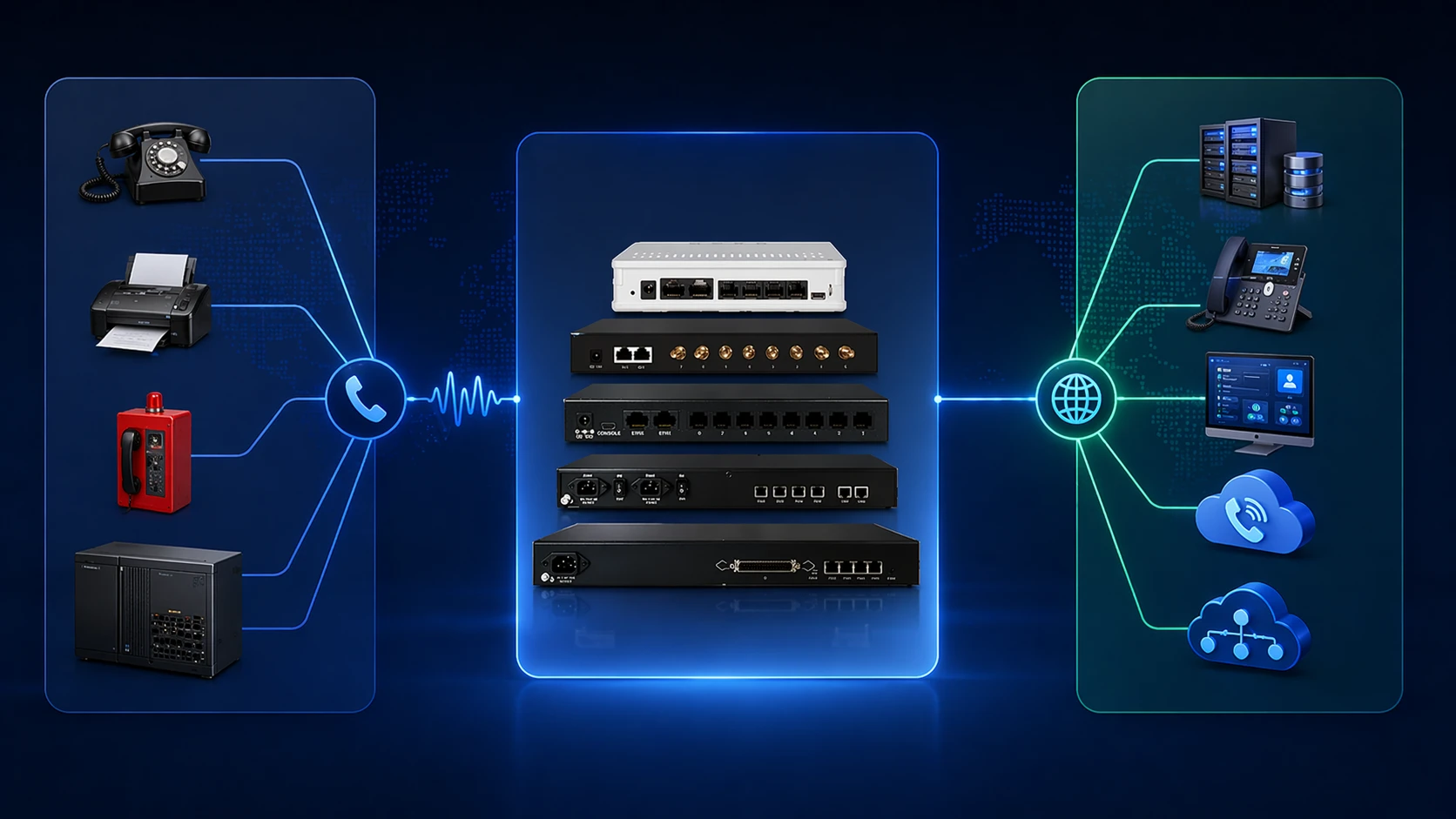 VoIP-Gateway-Netzwerkarchitektur mit analogen Endpunkten, PSTN- oder PBX-Trunks, Gateway-Verarbeitungsschicht, SIP-Server und IP-Netz