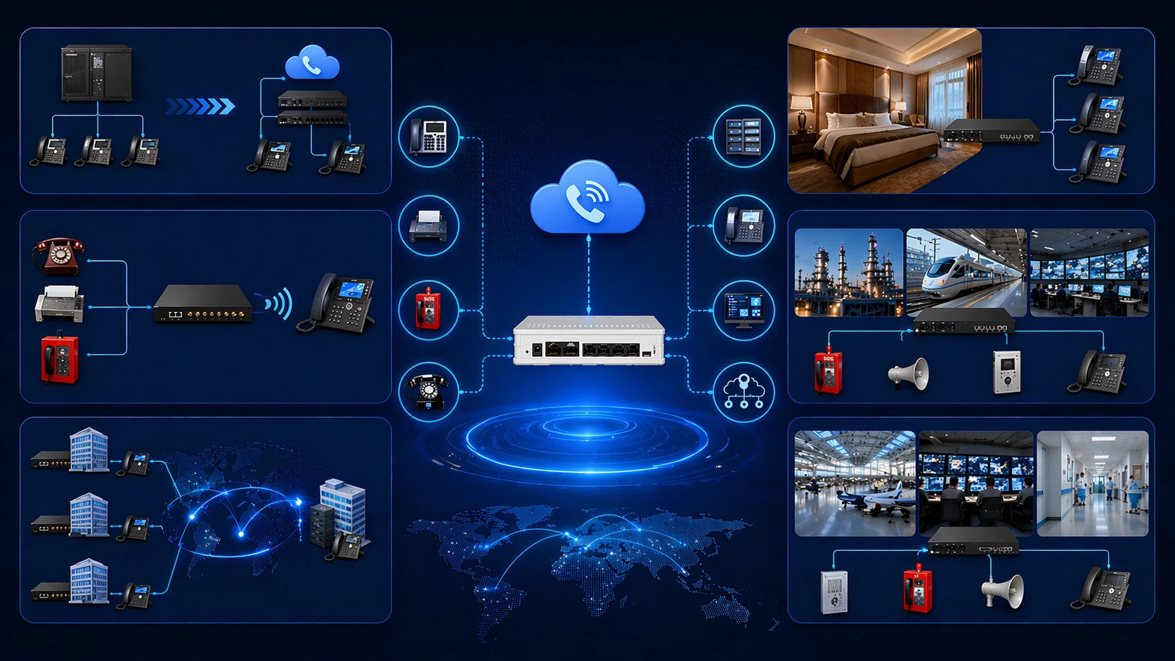 VoIP-Gateway-Anwendungen in Unternehmens-PBX-Migration, Filialtelefonie, analogen Notruftelefonen und industriellen Kommunikationssystemen