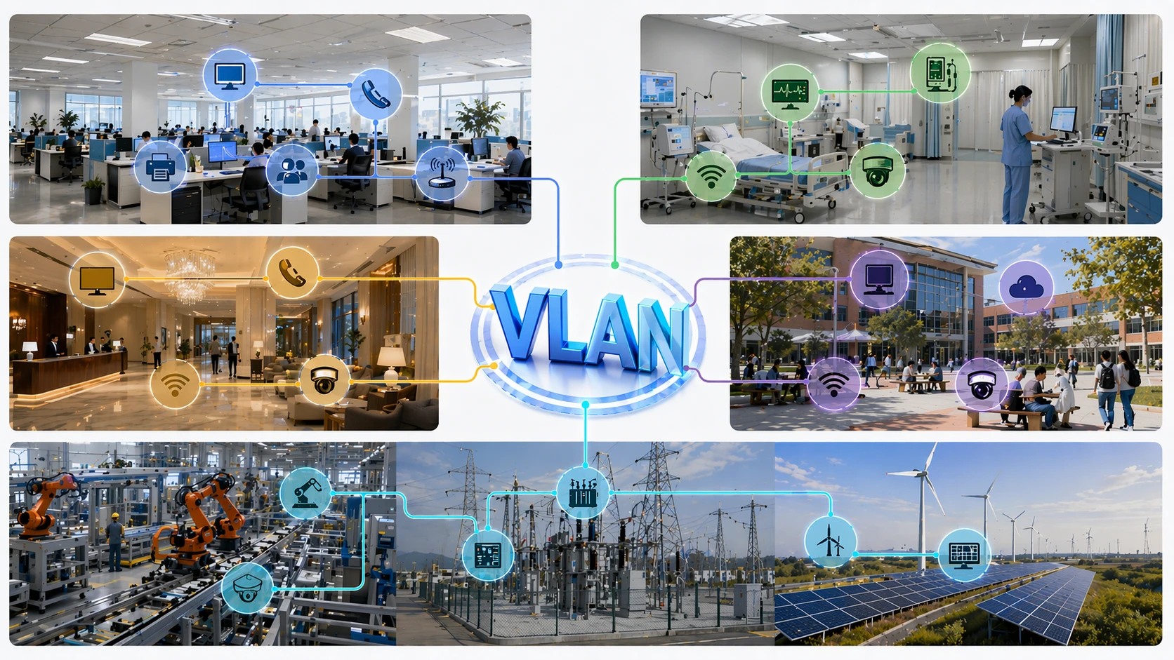 VLAN-Segmentierung in Unternehmensbüros, Campus-WLAN, Krankenhäusern, Überwachungssystemen und industriellen Steuerungsnetzen