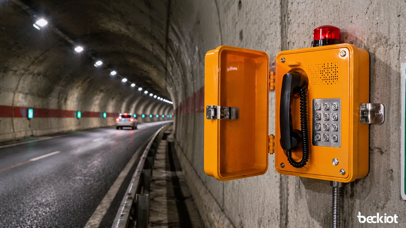 Wetterfestes Notruftelefon installiert in einem Tunnel oder Straßenkorridor für schnelle Hilfe und Kommunikation mit der Leitwarte
