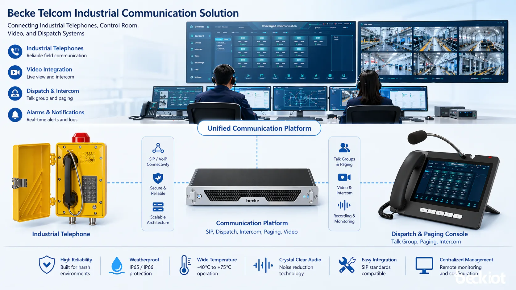 Becke Telcom industrielle Kommunikationslösung verbindet Industrietelefone mit Leitstelle, Video und Dispatch-Systemen