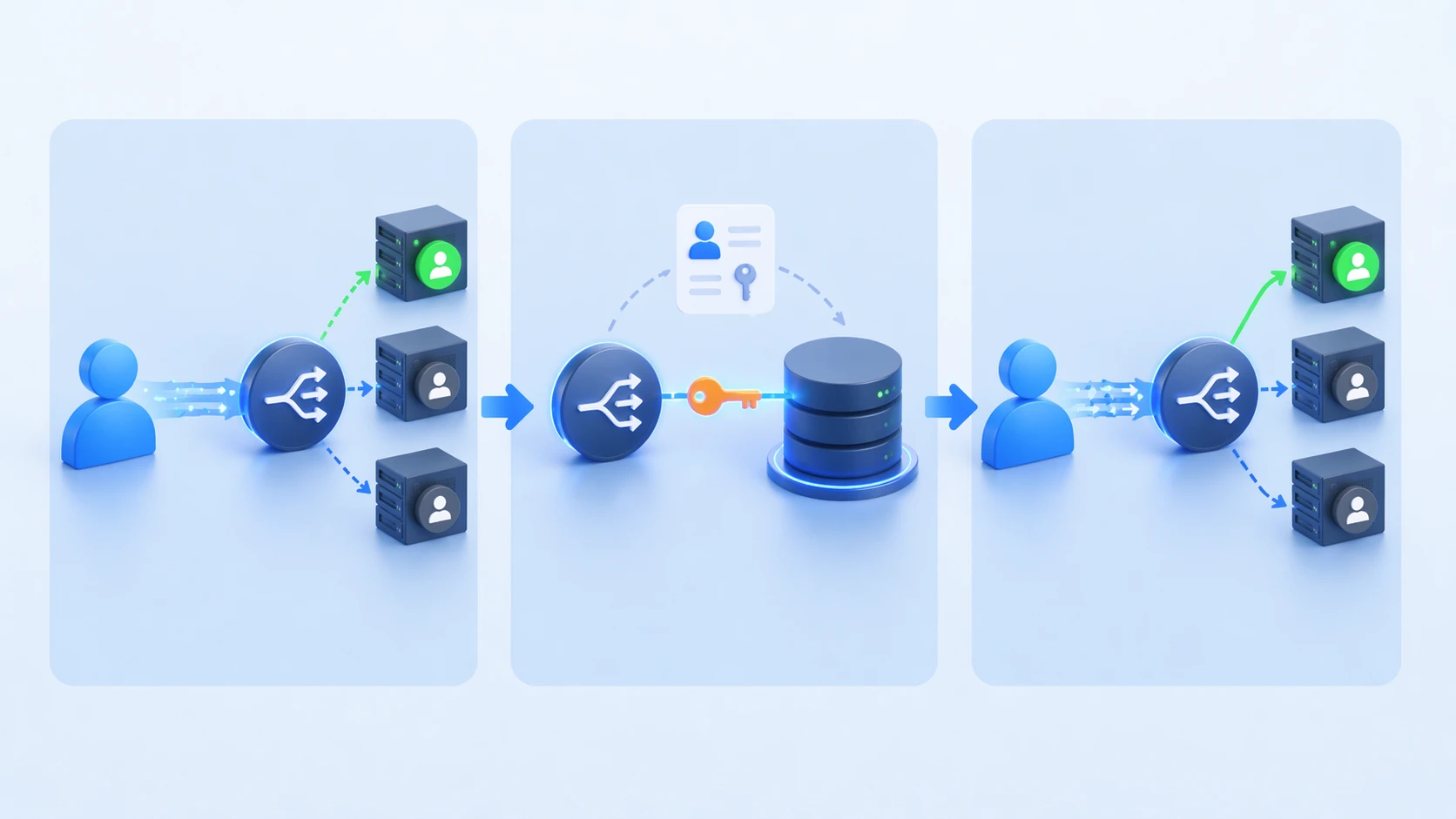 Flux de Sitzungspersistenz montrant un Load Balancer sélectionnant un Backend, stockant une clé d’affinité et routant les Anfragen suivantes vers le même Server Flux de Sitzungspersistenz montrant un Load Balancer sélectionnant un Backend, stockant une clé d’affinité et routant les Anfragen suivantes vers le même Server