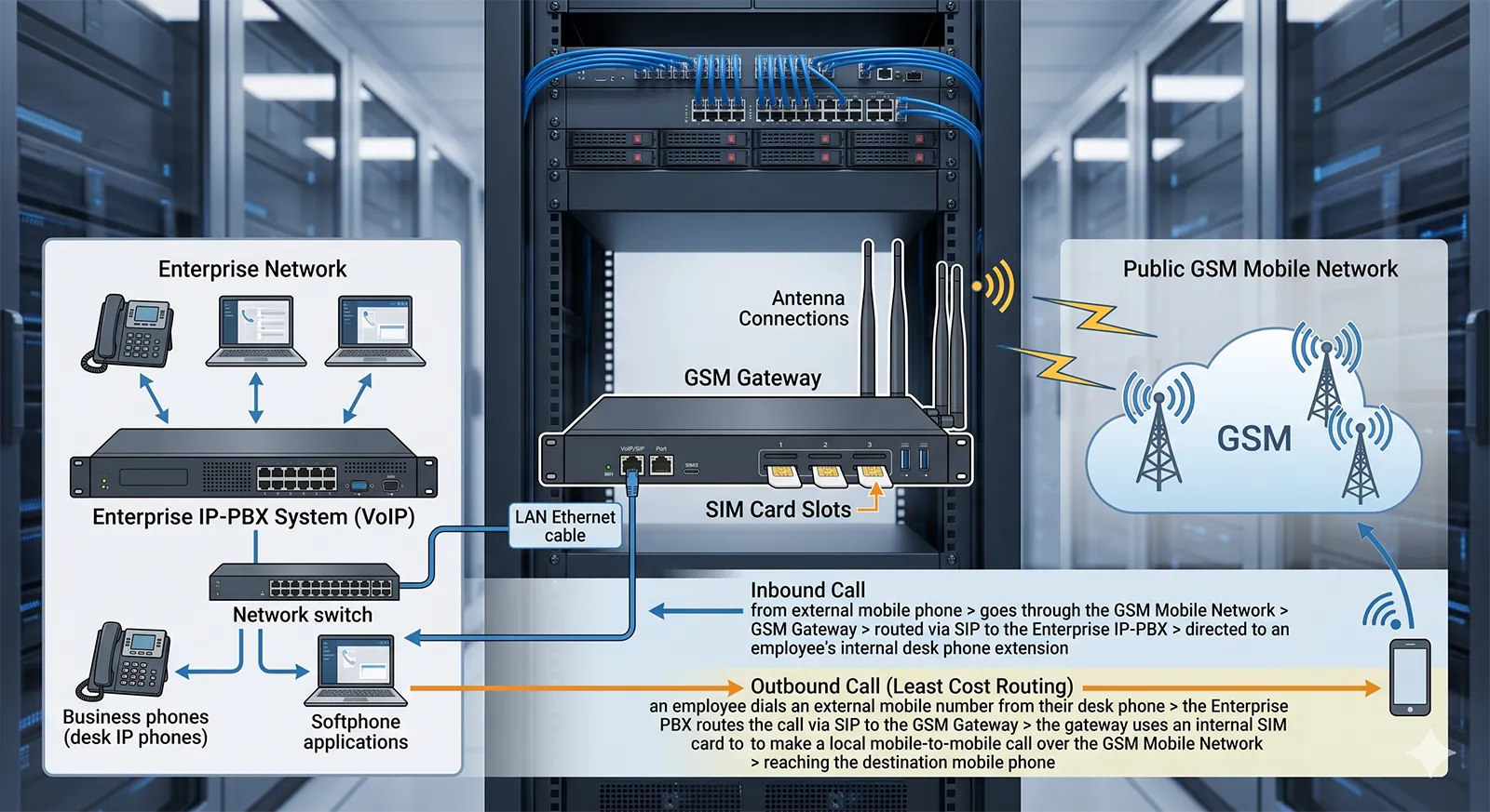 GSM-Gateway verbindet eine geschäftliche Telefonanlage mit dem GSM-Mobilfunknetz in einer Unternehmensumgebung