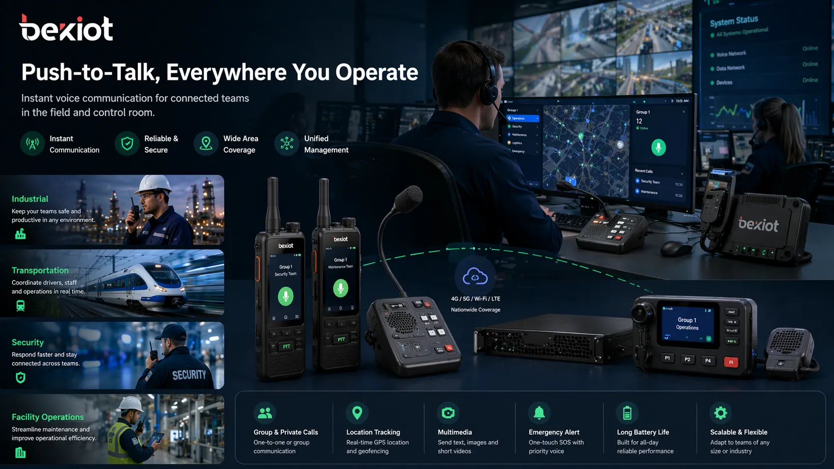 Push-to-Talk in Industrie, Transport, Sicherheit und Facility Management mit verbundenen Feldteams und Leitstellenpersonal