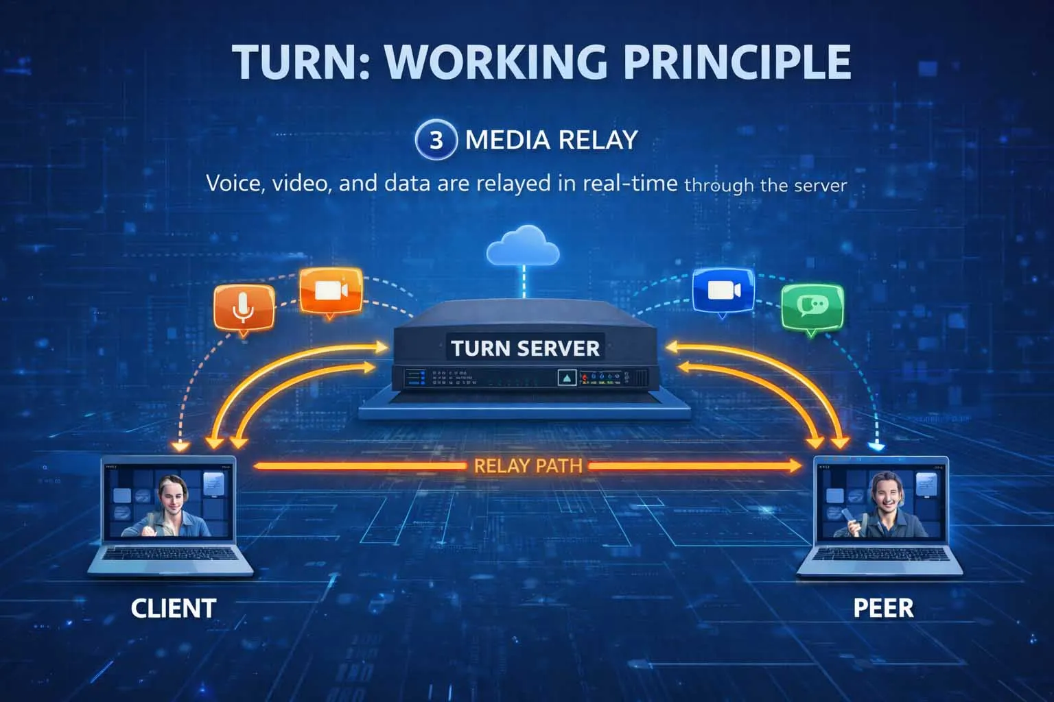 Sprach-, Video- und Echtzeitdatensitzungen, die über einen TURN-Server in verschiedenen Anwendungsszenarien weitergeleitet werden