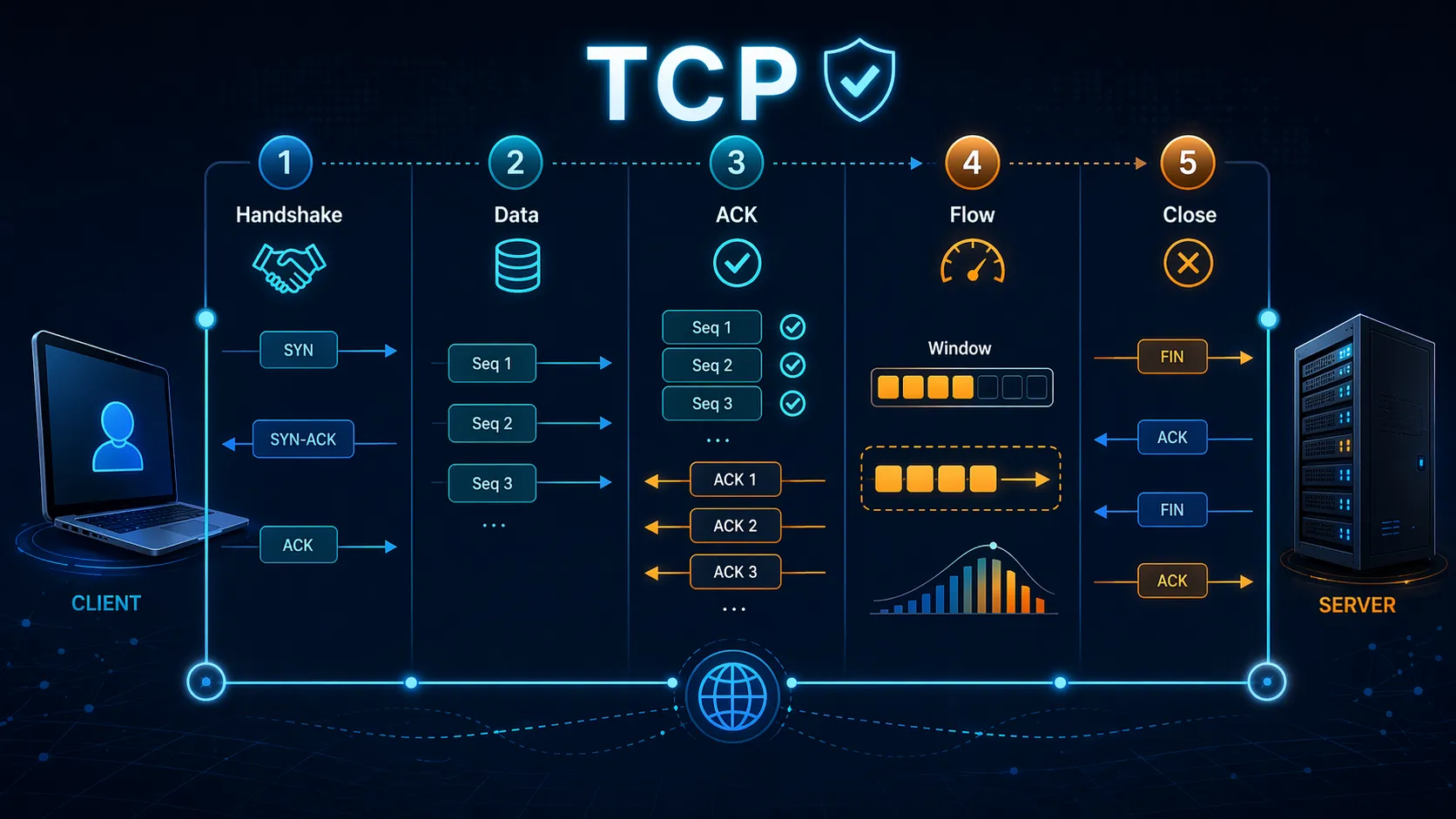 Illustration des TCP-Handschlags gefolgt von geordneter Segmentzustellung und Bestätigungsaustausch