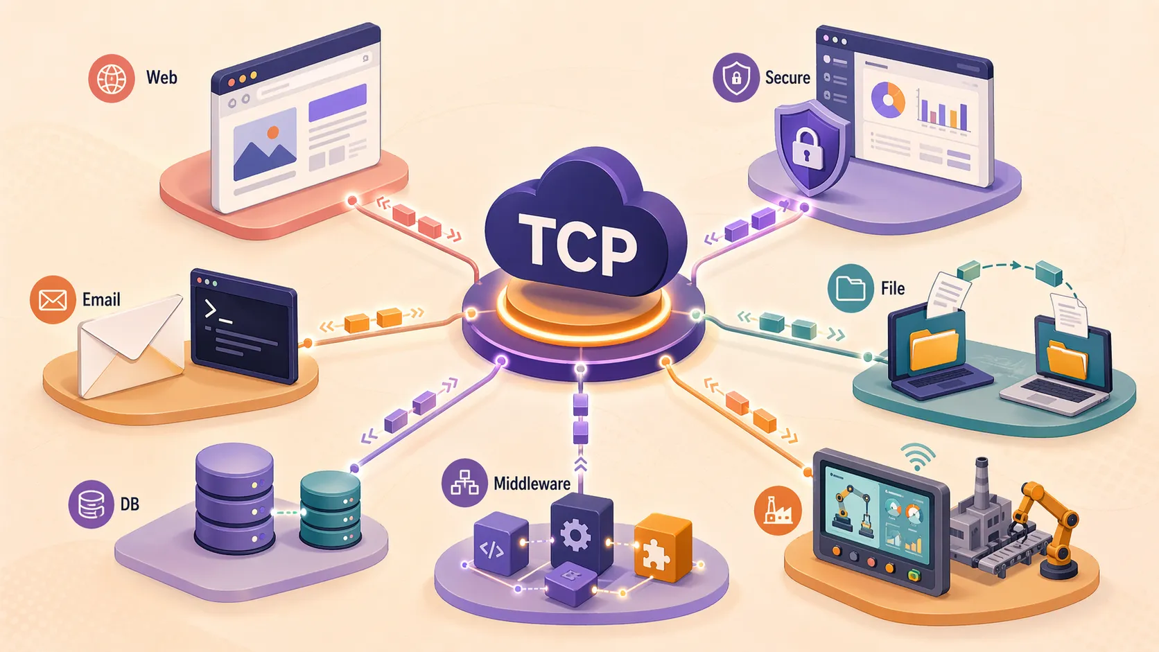Unternehmens- und Industrieanwendungen, die TCP für Webzugriff, Dateiübertragung, Datenbanken und Serverkommunikation nutzen