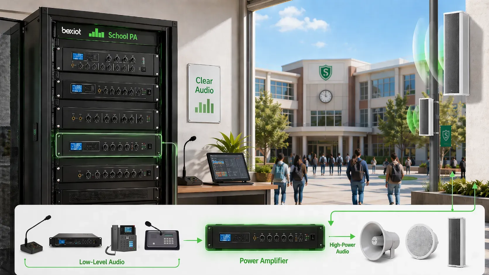 Rackmontierter Leistungsverstärker in einem professionellen Durchsage- und Audio- Kontrollraum