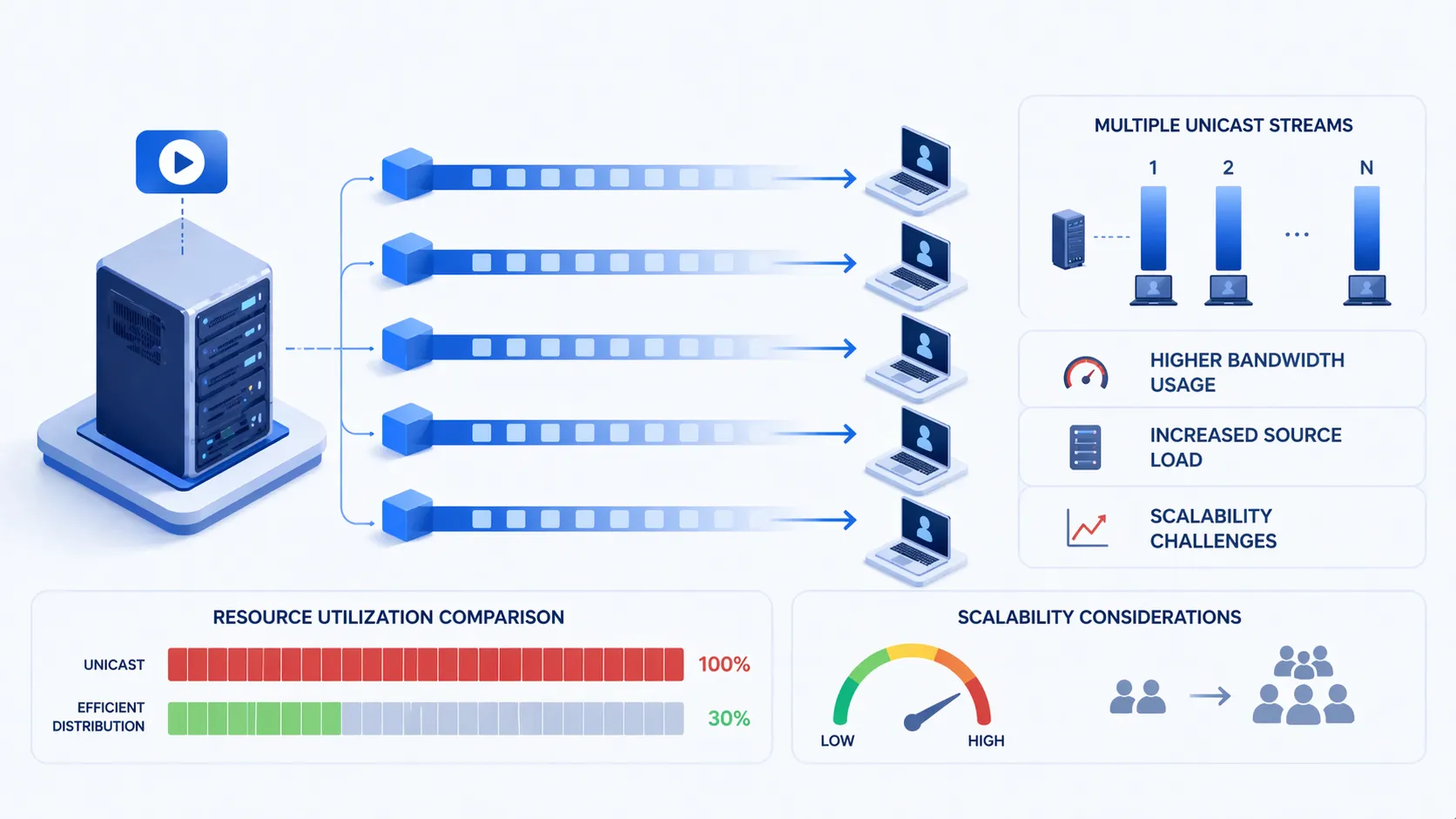 Unicast-Skalierung: Eine Quelle sendet mehrere separate Streams an viele Empfänger