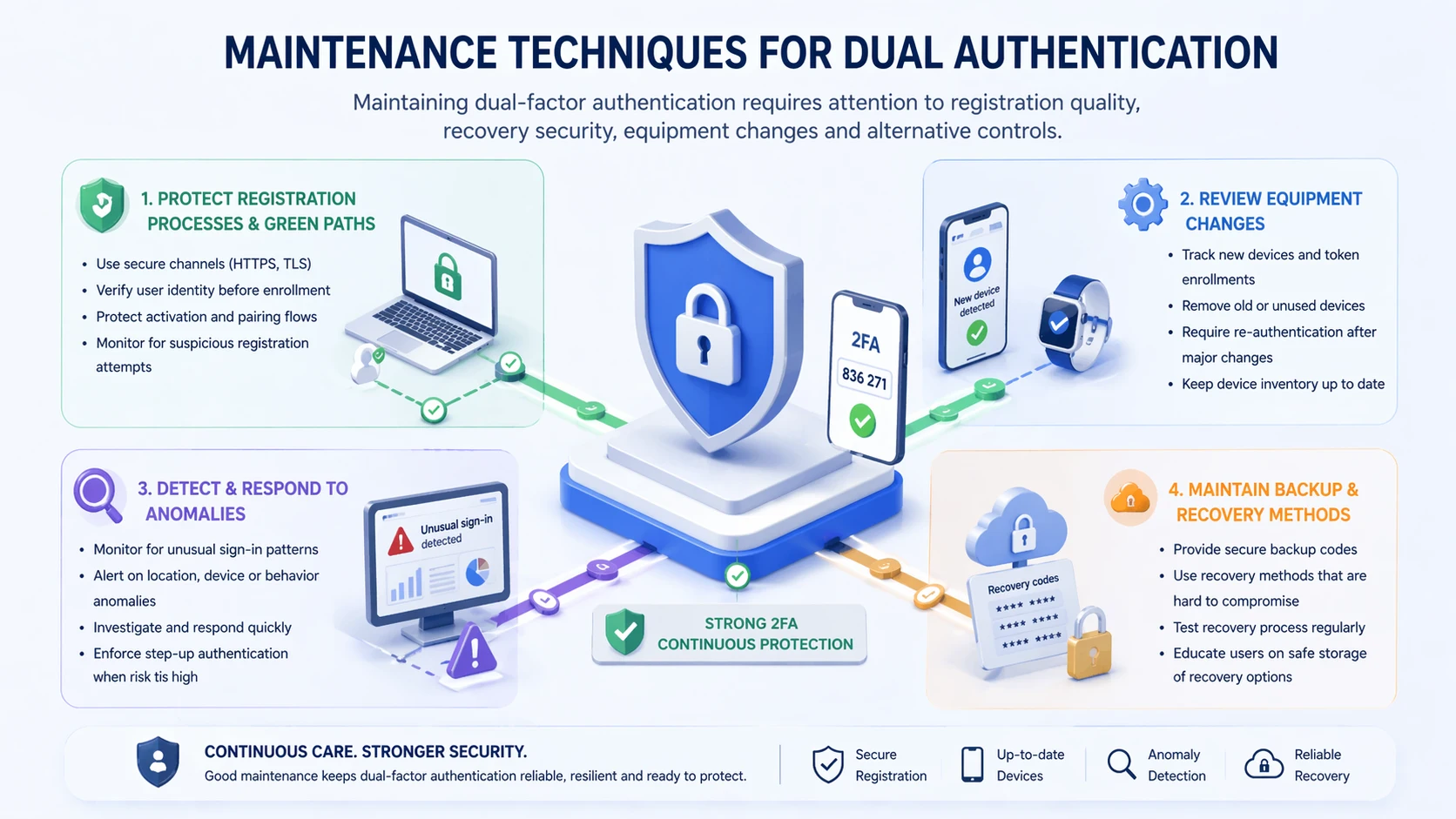 Wartungsprozess der Zwei-Faktor-Authentifizierung: Registrierung, Wiederherstellung, vertrauenswürdige Geräte und Richtlinienüberprüfung