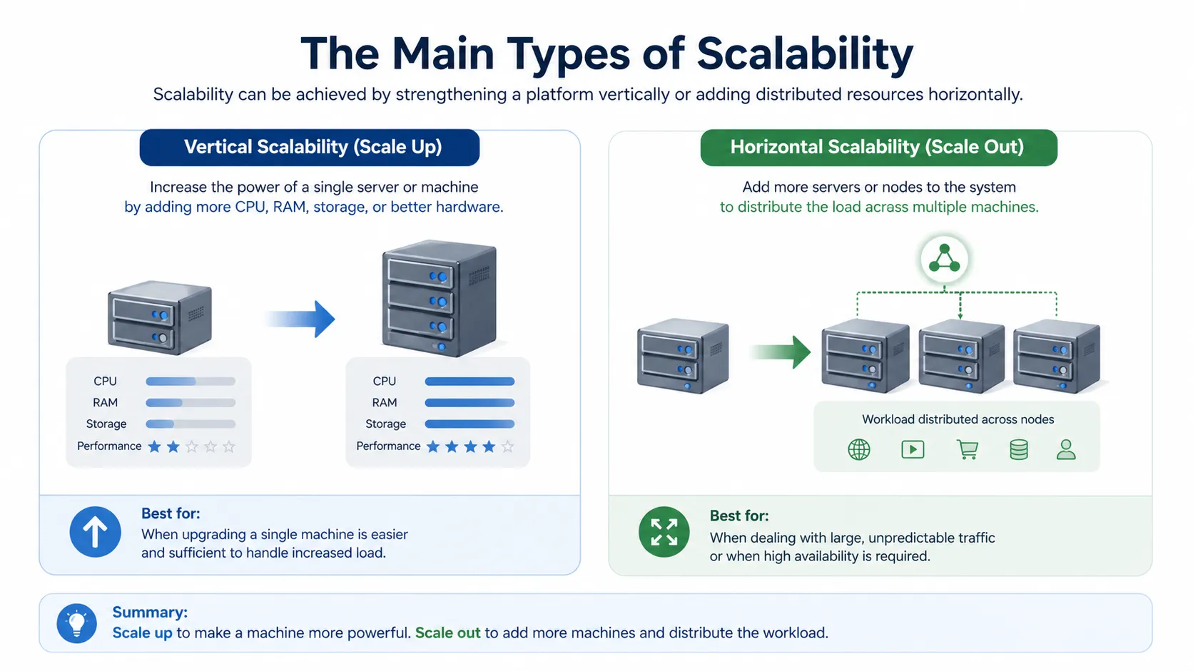 Vertikale und horizontale Skalierbarkeit dargestellt durch Serverwachstum und Erweiterung verteilter Systeme