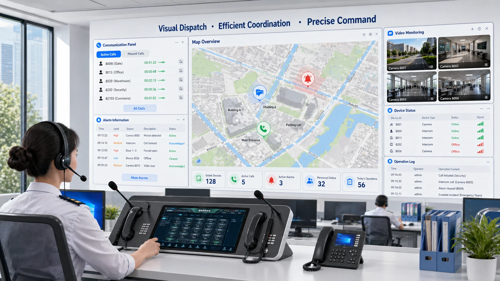 System für visuelle Disposition mit kartenbasierter Steuerung, Live-Video, SIP-Kommunikationspanels und Alarmfenstern