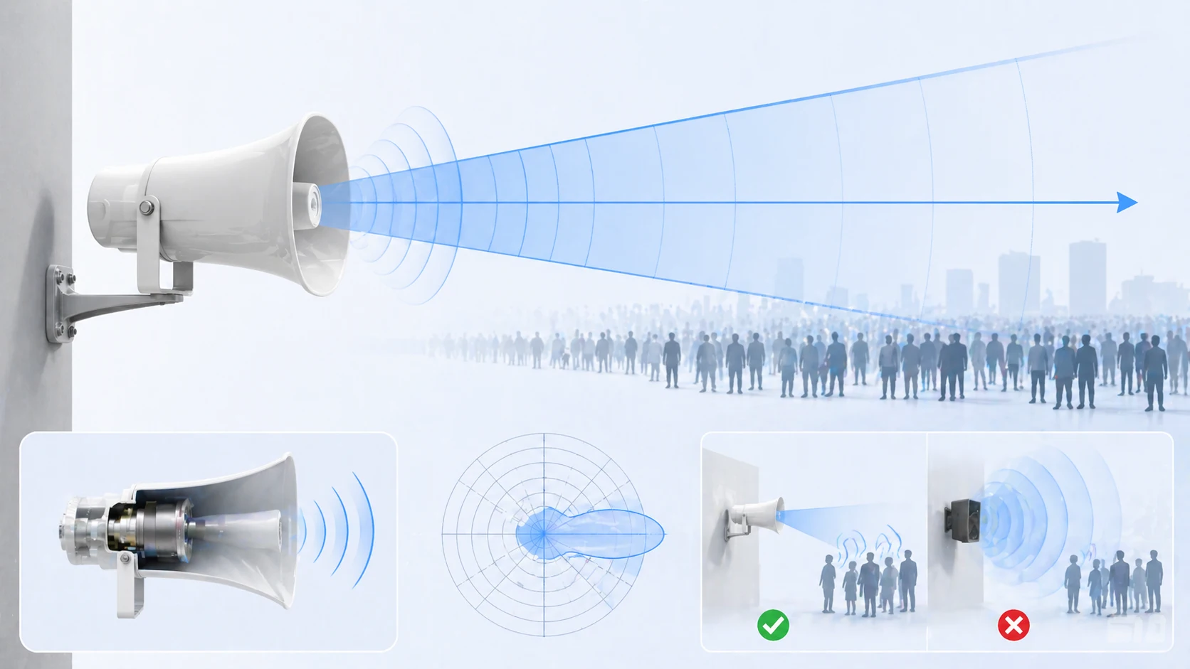 Hornlautsprecher zeigt gerichtete Schallprojektion und hocheffiziente Sprachabdeckung an einem Außenstandort