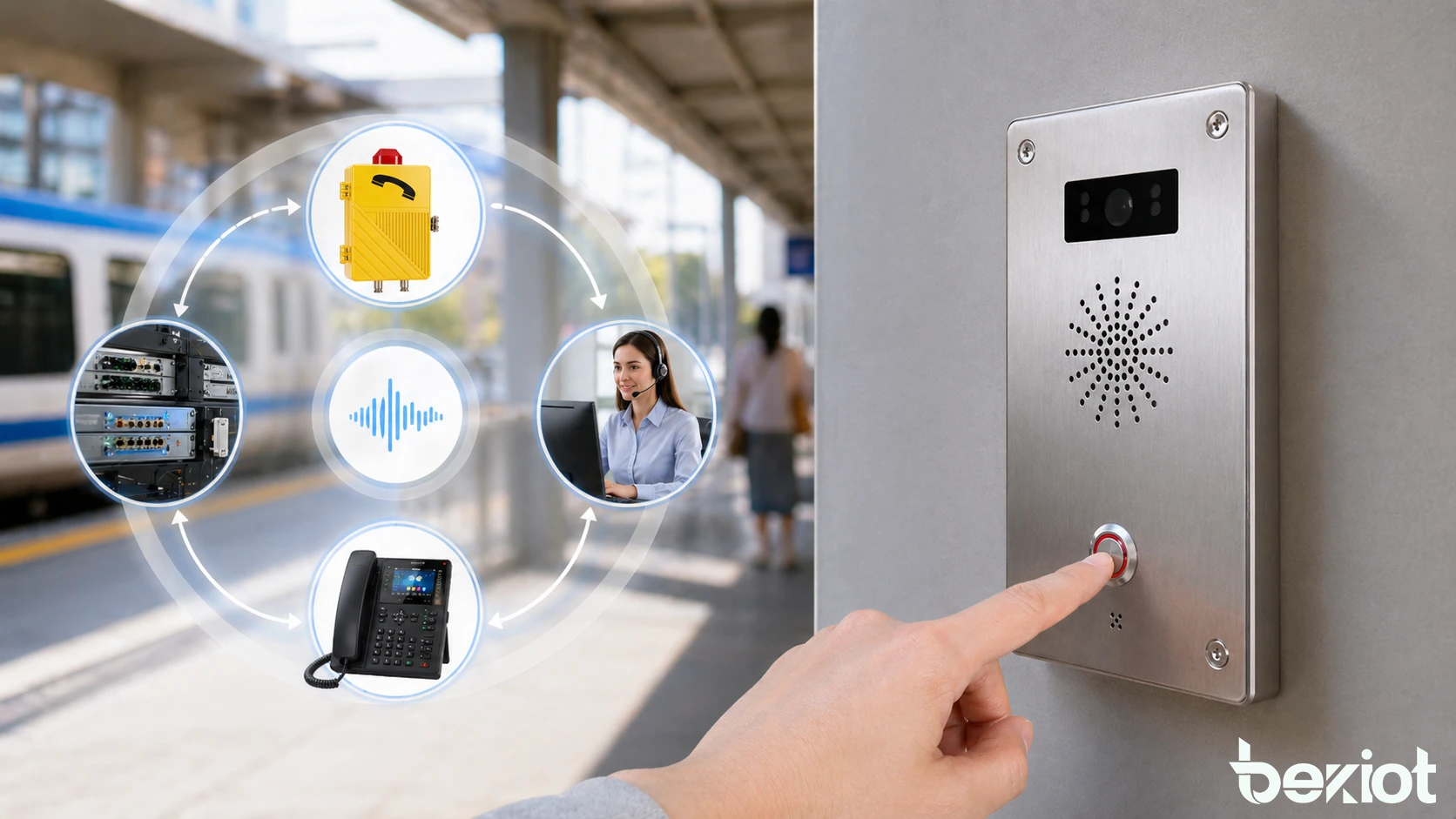 Industrielles oder öffentliches Kommunikationsterminal mit prominentem Rufknopf, klarer Identitätsanzeige und Anbindung an die Leitstelle